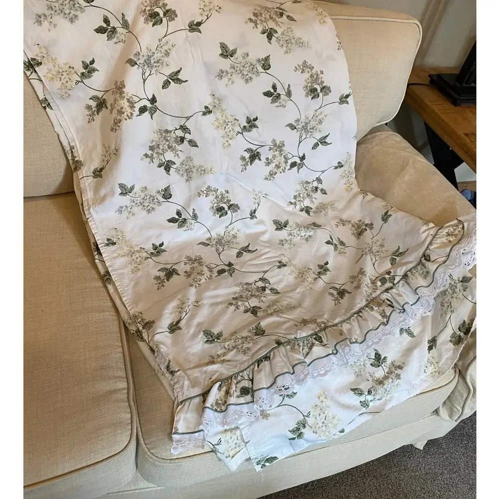Vintage Waverly Flat Sheet Sage Hydrangea King Ruffles Eyelet 100% Cotton USA